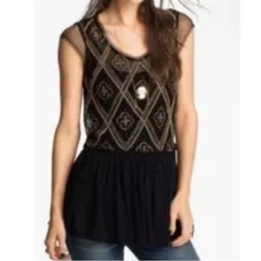 Free People black tulle mesh beaded tunic size small - Picture 2 of 9